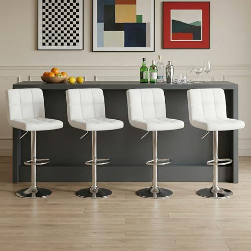 DUMOS Bar Stools Set of 4, 24 inch Counter Height Bar Stools, Upholstered Modern Kitchen Barstools with Metal Base, PU Leather Saddle Stools for Kitchen Island, Snowy White