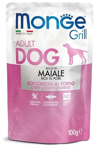 Monge Grill Bocconcini Ricco in Maiale per Cani Adulti, Cibo Umido Grain Free con Condroitina e Glucosamina, 100g, 24 bustine