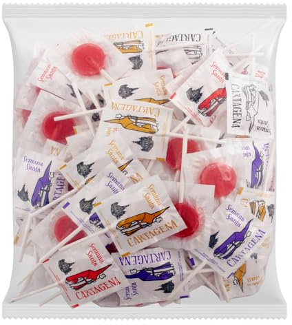 Caramelos Cerdán - Piruleta redonda Semana Santa Cartagena - 100 uds | Sabor Cereza | Cofradías California, Marraja, Resucitado y Socorro | Sin gluten ni alérgenos | Ideal para fiestas