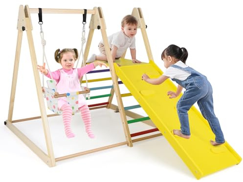 COSTWAY Kids Climbing Frame, 4 in 1 Wooden Playground Jungle Gym with Baby Swing, Resting Platform, Climbing Ramp and Ladder, Indoor Montessori Climber Playset for Toddlers 1+ Years Old (Multicolor)
