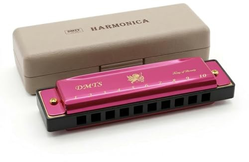 Mundharmonika 10 Löcher C-Dur Einsteiger Musikinstrument, Hautfreundliche Titan-Beschichtung, Blues Harp Set mit Etui & Tuch, Robust & Sicher, Rosa