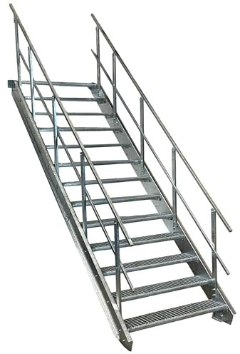 13 Stufen Stahltreppe mit beidseitigem Geländer/Breite 90cm Geschosshöhe 195-260cm / Robuste Außentreppe/Wangentreppe/Stabile Industrietreppe für den Außenbereich/Inklusive Zubehör