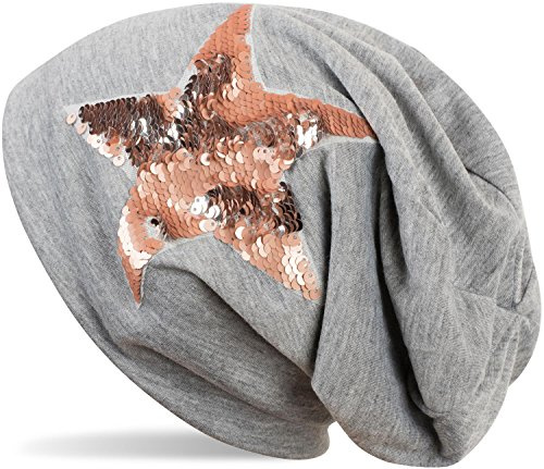styleBREAKER Damen Long-Beanie Pailletten-Stern | Glitzernde Wendepailletten-Applikation, Slouch-Style, Stretchanteil, 25,5 cm Bundweite, Einheitsgröße für Erwachsene.