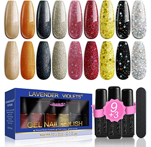 Lavender Violets Gel-Nagellack-Set 13 Pcs glitzernde Farben Halloween Orange Gloden Night Band LED Soak-Off mit Basislack matt-n No Wipe Top Coat, Nagelfeile UV Gelnägel Maniküre Kit F625