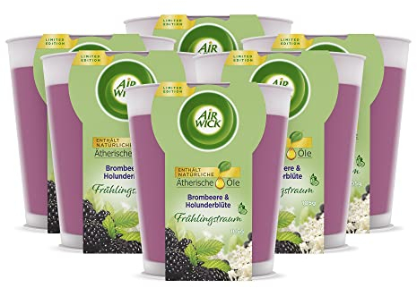 Air Wick Wohlfühl-Duftkerze im Glas – Duft: Brombeere und Holunderblüte – Enthält natürliche ätherische Öle – 6 x 105g Duftkerze in Lila
