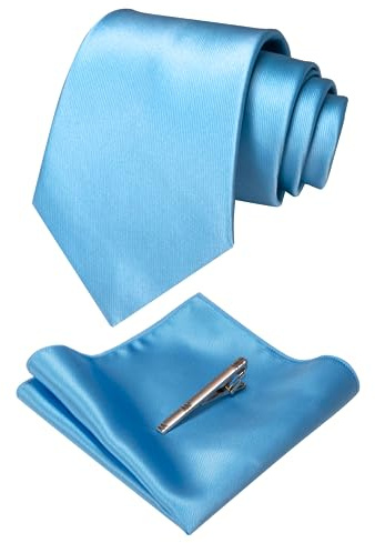 JEMYGINS Set Krawatte für Herren aus Satin, mehrfarbig, mit Krawattenklammern und Taschenecken, sortiert, hellblau, M