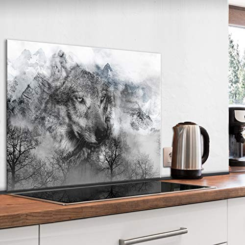 murando Glass Splashback for Kitchen Backsplash Cooker Protector | Tempered Glass Decorative Wall Art Panel Heat Resistant Graphic 80x60 cm / 32x24 Animal Wolf Black Grey