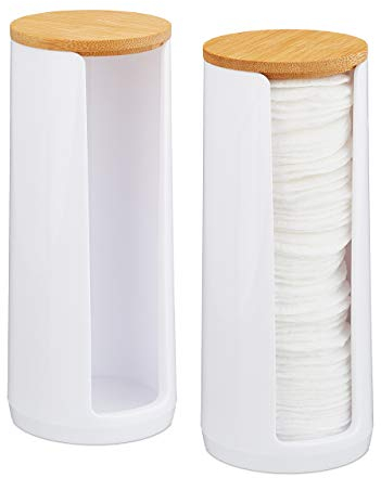 Relaxdays Wattepads Aufbewahrung 2er Set, Acryl, Bambus, Bad, Wattepadspender mit Deckel, HxD: 17,5x7,5cm, weiß/Natur, 10026559_872