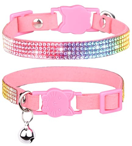 WDPAWS Cat Collar Breakaway Bling Diamond Rhinestone with Bell Adjustable for Cats and Kitten Girl boy (Pink)