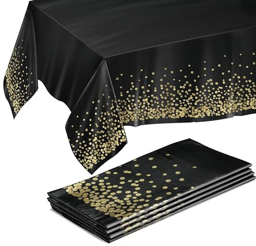Prestee 4 Pack Gold and Black Table Cloth Rectangle Table Covers 54 x 108 Inches - Plastic Table Cloth Disposable for Parties, Dining and Events - Black Tablecloths for Weddings and Celebrations