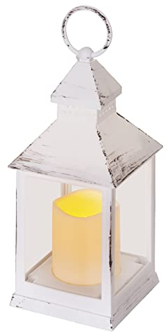 EMOS Lanterna antica con candela LED, design vintage e effetto fiamma, IP20, per interni, funzionamento a batteria (3 x AAA), 10.000 ore, luce bianca calda, 6 ore, funzione timer, 10,5 x 24 cm, bianco