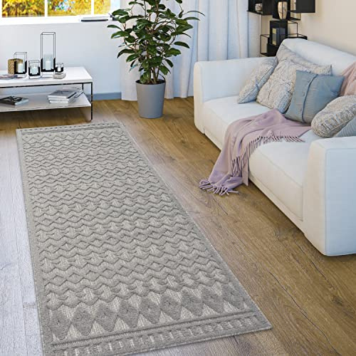 Paco Home Outdoor Teppich wetterfest & langlebig Moderne Boho-Designs mit 3D-Effekt Skandi-Look UV-beständig & robust für Balkon, Garten, Wohnzimmer & Küche, Grösse:80x250 cm, Farbe:Grau 3