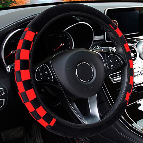 Lenkradbezug Plüsch,Warme Auto Lenkradhülle Teleskop Lenkrad Abdeckung,Anti Slip Weich Kariertes Muster Winter Lenkradabdeckung Lenkradschoner Lenkradschutz für Auto Zubehör,36-39cm Schwarz Rot