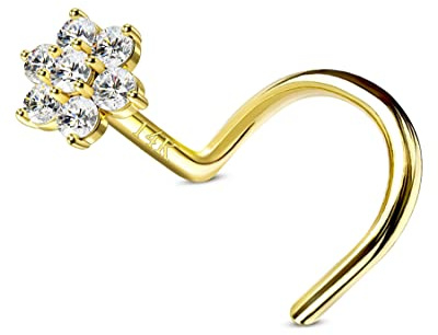 CM Crareesi Mania 14 carats 585 Or véritable Nasenpiercing Spirale Fleurs Anneau de nez Stud Piercing Nasal Vis L/S-Forme 20 Gauge (0,8 mm) Piercing Nostril Bijoux avec Cristal de Zirconia Diamant
