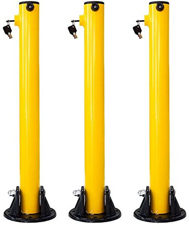 Parking Post Security Barrier - Yellow | 67CM Anti Parking Manual Lock Car Parking Bollard | Metal Fold Down Parking Post with Heavy Duty Base | Bolt Down Bollard with Key Lock - 3Pcs