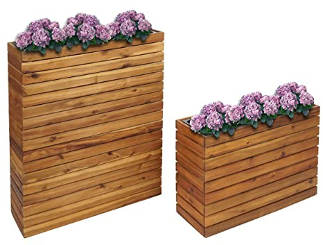 Juego de 2 jardineras HWC-L21, macetero alto, rectangular, exterior, madera de acacia, certificado FSC, color marrón