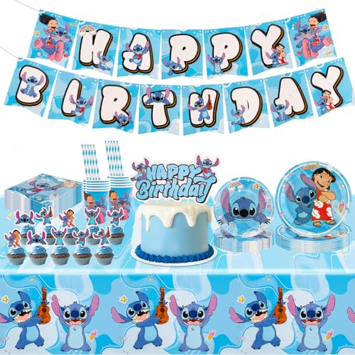 Dekewe 94 Stück Partygeschirr Stitch,Ggeburtstagsdeko Teller Tassen Servietten Strohhalme Tischdecken Tortenaufleger, Geburtstagsdeko Party Set für 10 Personen, Blau