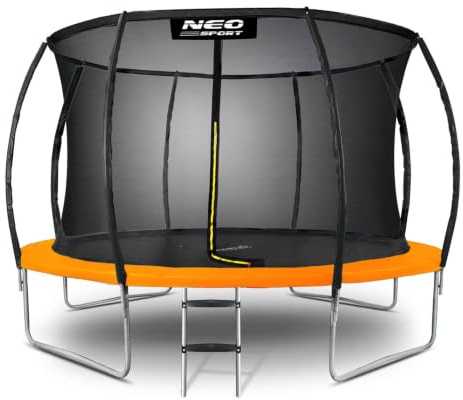 Neo-Sport Trampolin Outdoor Kinder Gartentrampolin Sicherheitsnetz Innen Leiter Extra Dick Gepolsterte Stangen Mit PVC Beschichtet Wetterfest Rostfrei Belastbar bis 150 kg Orange Schwarz 374 cm