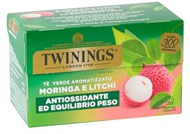 Twinings, Tè Verde Aromatizzato Moringa e Litchi, Antiossidante, 20 Filtri | Gusto Dolce e Fruttato, Antiossidante e per l'Equilibrio del Peso Corporeo