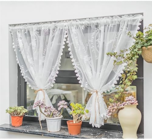 Yaland Rideau brise-bise vintage avec motif floral délicat - Broderie transparente - Avec passe-tringle - 1 pièce - Blanc - H x l : 120 x 140 cm