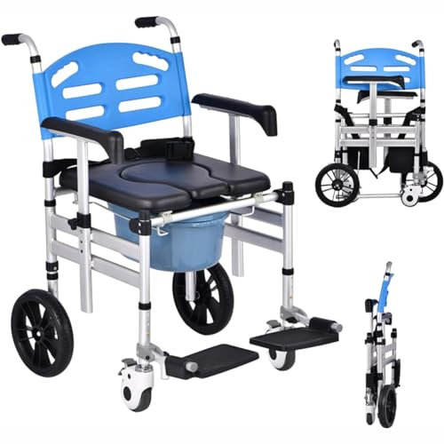 CYMYYDS Toilettenstuhl für Senioren mit Rollen, Toilettenrollstuhl Höhenverstellbar, Faltbar Dusch Toilettenstuhl Mit Rollen, Transportrollstuhl Kommode Stuhl Tragfähigkeit 150kg