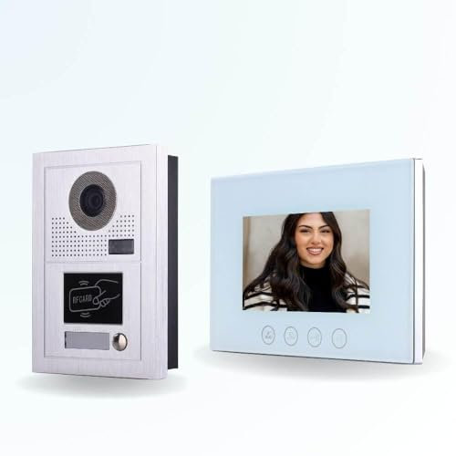 BT Security Portier interphone vidéo Classic-2 4 Fils pour 2 entrées - 1 Appartement - 2 platines - 1 écran Blanc 7 - avec mémoire Photos - avec Lecteur de Badge