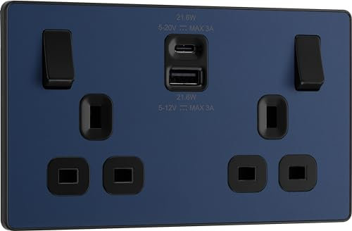 BG Electrical 22W Double Switched Power Wall Plug Socket with Fast Charge Type A and Type C USB Charging Ports, Evolve, Matt Blue, 13A, PCDDB22UAC22B