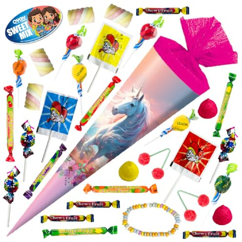 OYOY Schultüte gefüllt mit Süßigkeiten 275g Mix I 32 Teile I Schultüte Einhorn I Schultüte 35 cm I kleine Schultüte fertig gefüllt I Geschwister Schultüte I Zuckertüte klein I Einschulung Geschenk