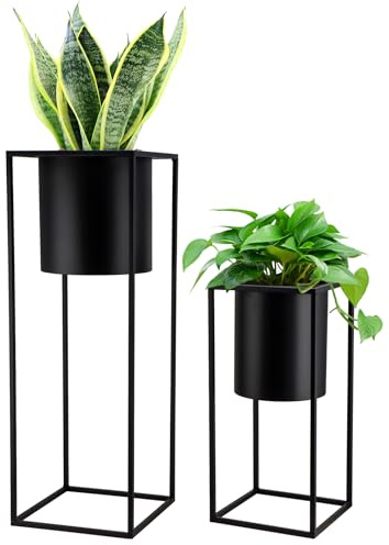 TRIROCKS Set di 2 fioriere con supporto, grande vaso in metallo per piante da interno, 71 & 46 cm H, vasi per piante per soggiorno, cucina, ufficio, giardino, balcone, terrazzo (Nero)