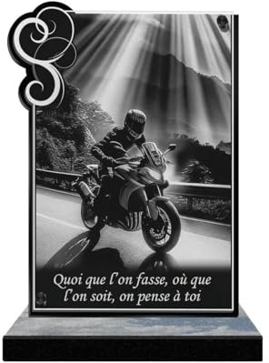 ETERNEL - Plaque Funéraire Personnalisée Cadre Ornements - Motard, Moto, Pilote - Texte Personnalisable, Plaque Funéraire Gravée au Laser Hommage, Plaque Tombale, Mortuaire, Cérémonie, Commémoration