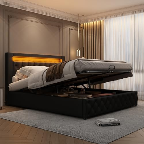 Merax Double Bed Frame, 4ft6 Double Upholstered Bed, Ottoman Bed with Slatted Frame and Storage Space, LED Lighting at Headboard, Black, PU, 135 * 190cm(No Mattress)
