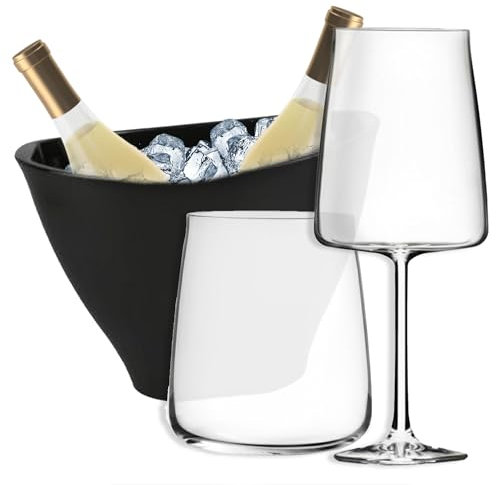 Sicignano | Set 6 Calici CL.65 con 6 Bicchieri CL.42 Essential per Vino Acqua, Cristallo Ecologico, Trasparenti, Resistenti – Omaggio Secchiello Champagne Nero 2 Bottiglie