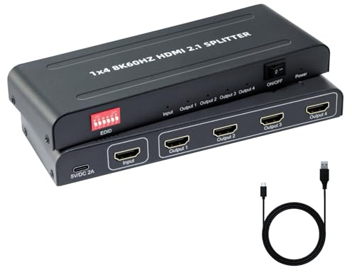 8K HDMI-splitter 1-i-4 ut med EDID, 48 Gbps, 3D-stereo, 12-bitars djup färg, plug & play, för Windows, Mac, Linux, projektorer, bärbara datorer, stationära datorer (SP104SKE)