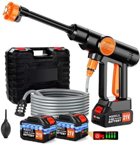 Kidovin 21V Cordless Pressure Washer with 2Pcs 3000mAh Battery, Portable Pressure Washer Gun, 6-in-1 Nozzle, 5m Hose & Tap Connector, Portable Jet Washer for Car, Patio, Floor & Garden Cleaning