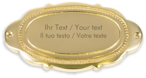 Türschild aus Messing mit personalisierter Gravur - 117 x 62 mm, oval mit Verzierungen - Messingschild, Türschild, Namensschild mit eigenem Text