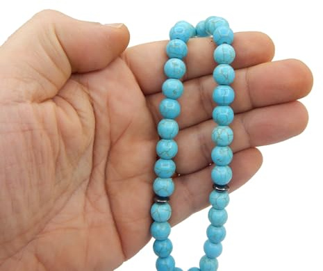 Perlin Gebetskette Gebetsperlen Tesbih Tasbih Tespih Misbaha Subha 33 Perlen, 10mm Muslimisches Islamic Rosenkranz mit Türkis Edelstein Schwarz Hämatit Perlen Rundform 1 Stück 28cm