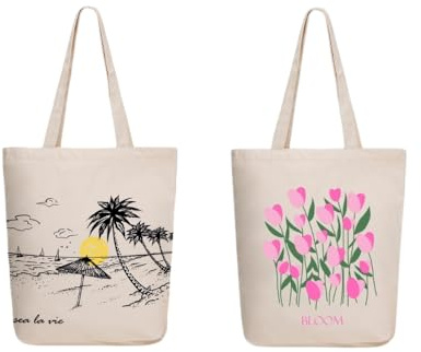 Ecoright Shoppingväska, bomullstyg Bag, tryckt med dragkedja, robust bärväska med handtag, tygväska för kvinnor, användning, Sea La Vie Beach-blomma, En Storlek, Utility