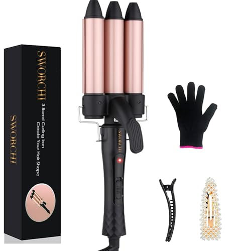 3 Barrel Hair Waver Curler Mermaid Curling Wand 25MM Crimper Ceramic Tourmaline Beach Waves Tongs Fast Heating Deep Curly Iron with Temperature Control for Women Girls Hair Styling Tools