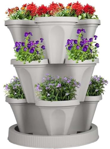 Juego de macetas verticales apilables de 3 niveles para interiores y exteriores, sistema de riego automático para fresas, hierbas, pimientos, flores y plantas