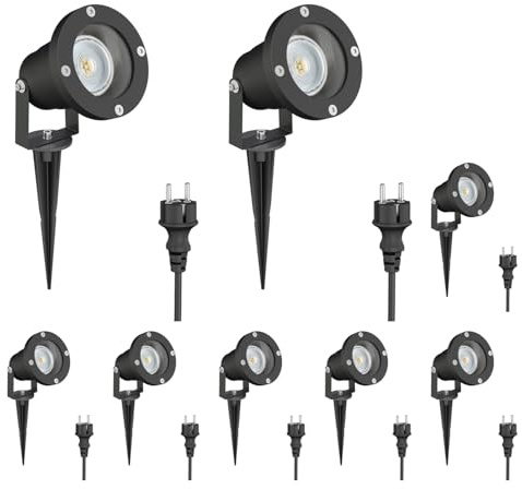 ledscom.de Foco de jardín de 8 LED DUK negro con piqueta de suelo para exteriores, aluminio, incl. lámpara LED GU10 (blanco cálido, 5,4 W, 510 lm, 45°)