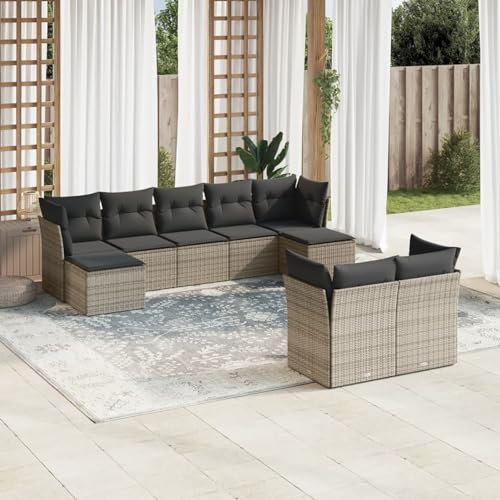 Brokky 9-TLG. Garten-Sofagarnitur mit Kissen LoungemöBel Balkon Patio Furniture Gartengarnitur Set Grau Poly Rattan / 3218310