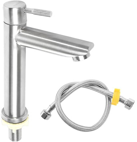 prota Grifo de Baño Monomando de Acero Inoxidable 304, Grifo de Baño de Agua Fría para Invitados, Grifo de Lavabo de Acero Inoxidable con Manguera de Conexión de 60 cm para Baño