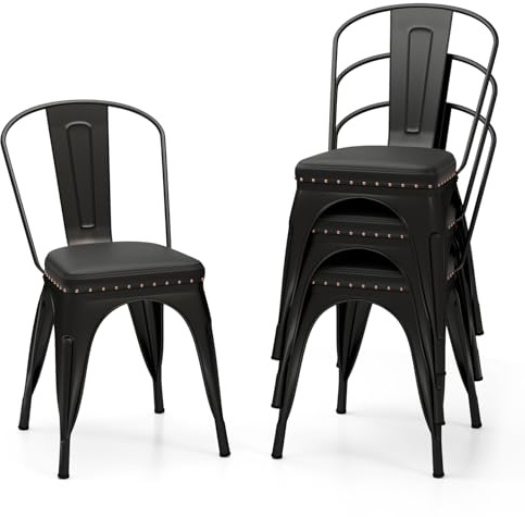 HOMASIS Set di 4 Sedie Impilabili da Sala da Pranzo, Sedia da Cucina Industriale con Telaio in Metallo, Schienale Rimovibile, Sedile Imbottito per Caffè Bistrot, Capacità di Carico 150 kg (Nero)