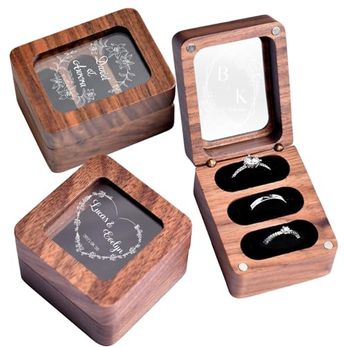 Individuelle Walnuss-Ringbox mit magnetischem Retro-Holzringträger | Samtweiches Innenfutter, Schmuck-Aufbewahrungsbox aus Holz, ideal für Antrag, Verlobung, Hochzeit und Jubiläum.