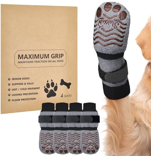 SlowTon Hundesocken mit doppelseitigen Grippern – 4 Stück Hundesocken mit Rutschfester Sohle für heiße und kalte Gehwege oder Harte Böden für ältere kleine, mittelgroße und große Hunde
