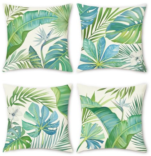 COZZSNUGE Fundas Cojines Hojas Tropicales Poliéster Fundas de Almohada Hoja de Palma Verde Monstera Exterior Decorativas para Sofá Cama Hogar Jardín 45 x 45 cm Juego de 4