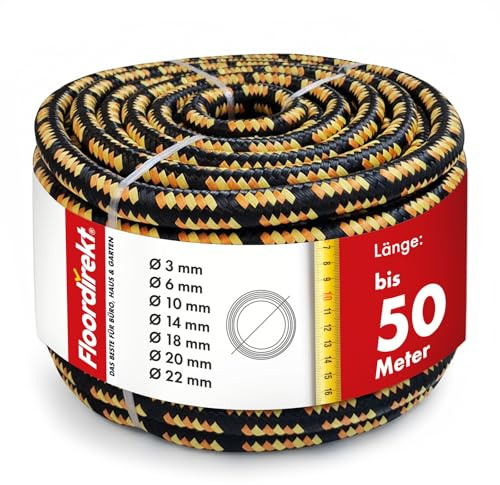 Floordirekt Polypropylen Seil K2 – 10mm 50m schwarz-orange, UV-beständig & wetterfest – strapazierfähiges PP-Seil für Garten, Camping, Boot & Landwirtschaft