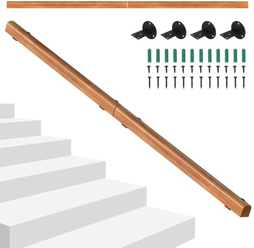 Hebitod Main courante en bois de pin, 200 cm, rampe d'escalier demi-ronde Wood, main courante en bois antidérapante, montage mural avec matériel de montage, pour escaliers intérieurs, rampe d'escalier