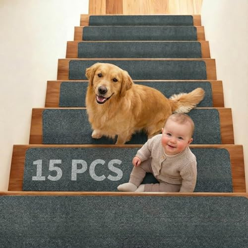 TVOOD Stair Treads Carpet 15 Pack: 22x70cm Anti Slip Stair Carpet Treads Self Adhesive Stairs Mats with Reusable Adhesive for Wooden Steps Elders Pets