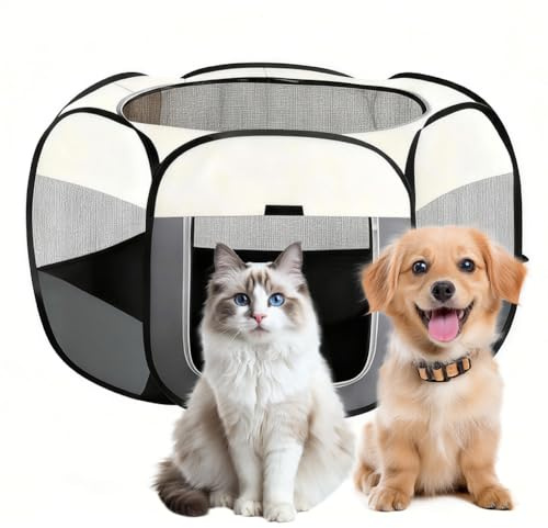 Tragbarer Welpenauslauf, 110x110x60cm Welpenlaufstall Hundebox Faltbar Katzengehege Wohnung, Wasserdichtes Oxford Tuch Laufstall Hund,Katzenkäfig Hundekäfig für Katzen, Hunde, Kaninchen (Grau)